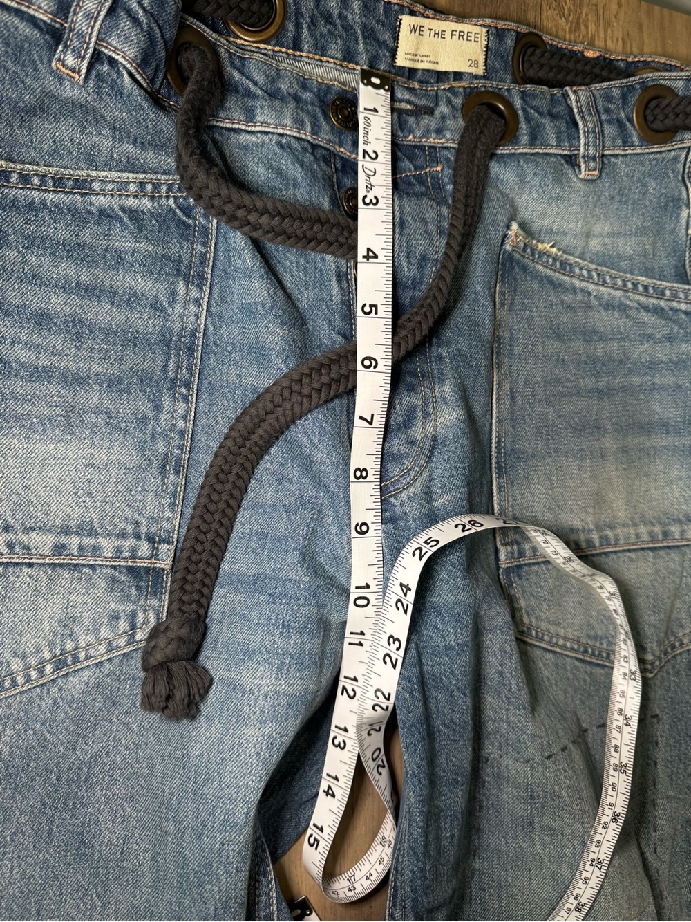 We The Free Moxie Barrel Jeans Blue Relaxed Patchwork Drawstring Jeans - Picture 6 of 8
